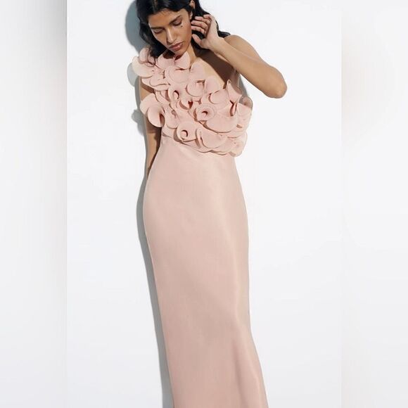 ZARA RUFFLED SATIN EFFECT DRESS LIGHT PINK - Picture 3 of 16
